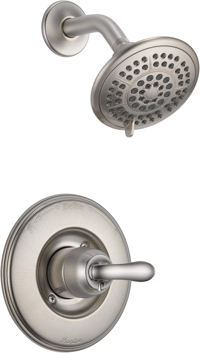 Brushed nickel shower trim with round showerhead and wall-mounted control valve with lever handle.