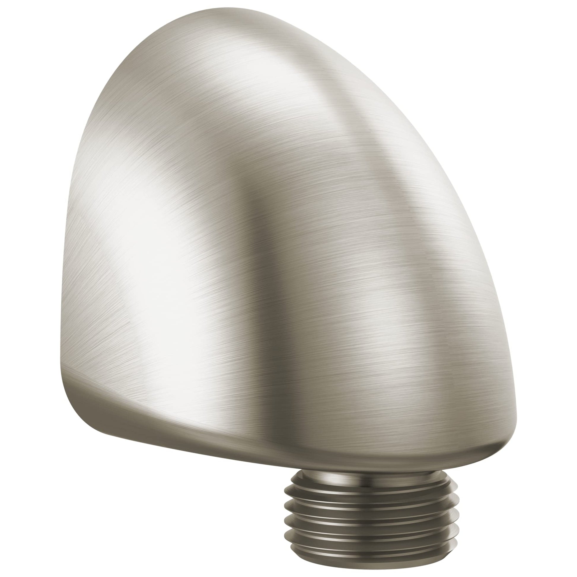 Brushed nickel wall elbow with rounded dome shape and threaded connection port.