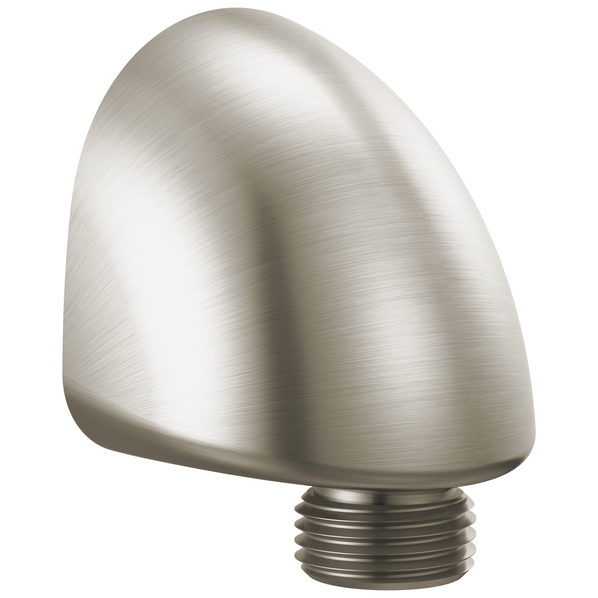 Brushed nickel wall elbow with rounded dome shape and threaded connection port.