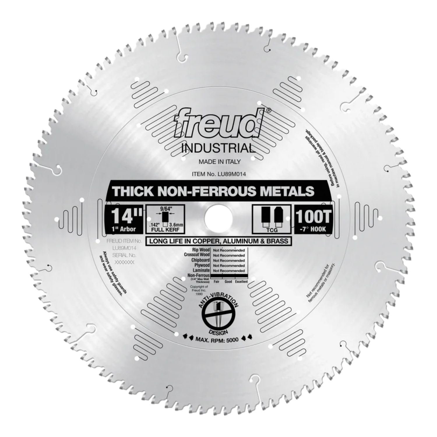 14" aluminum saw blade with 100 teeth, 1" arbor, designed for cutting non-ferrous metals.