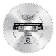 14" aluminum saw blade with 100 teeth, 1" arbor, designed for cutting non-ferrous metals.