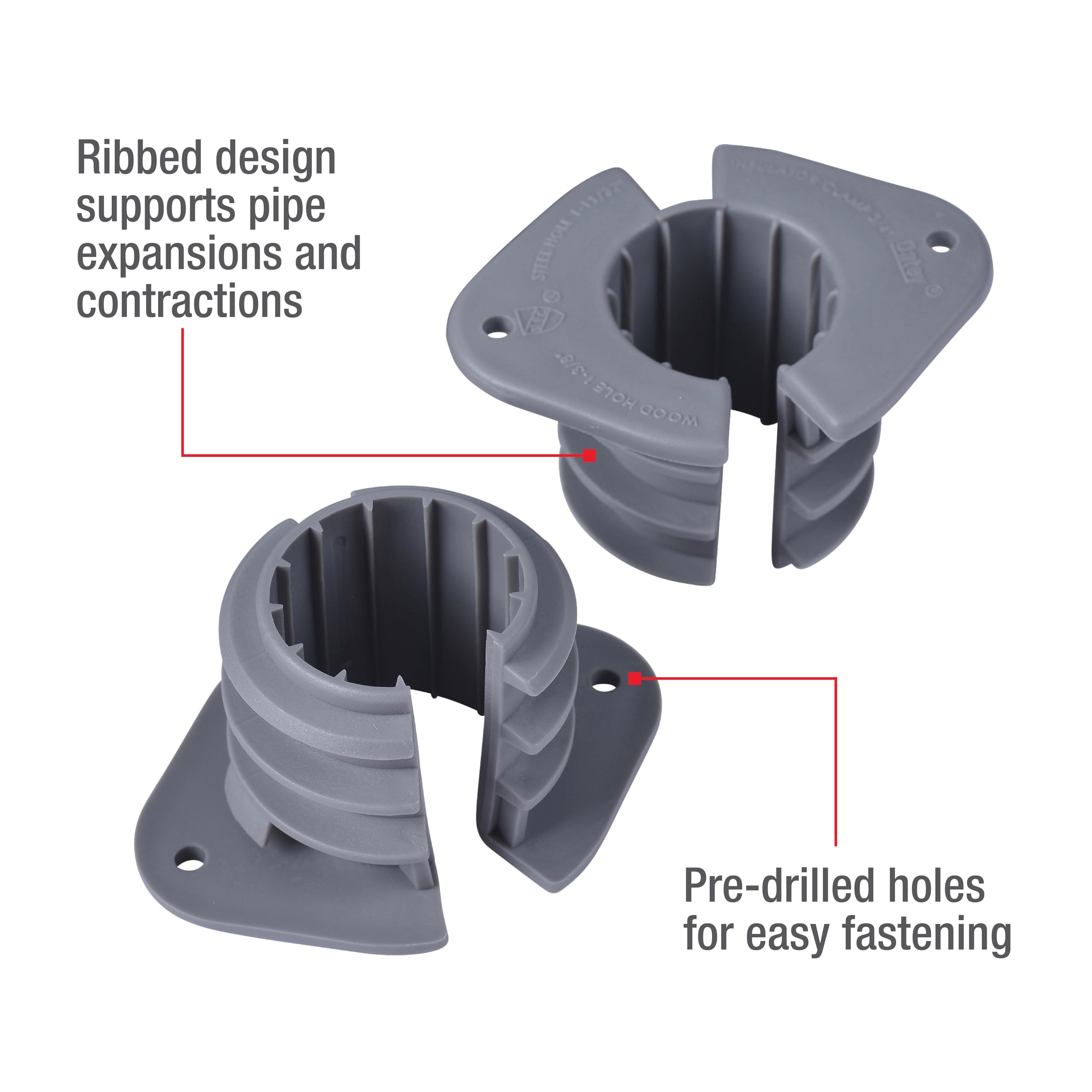 Gray insulating pipe clamps with ribbed interior design and pre-drilled mounting holes, shown open and closed.