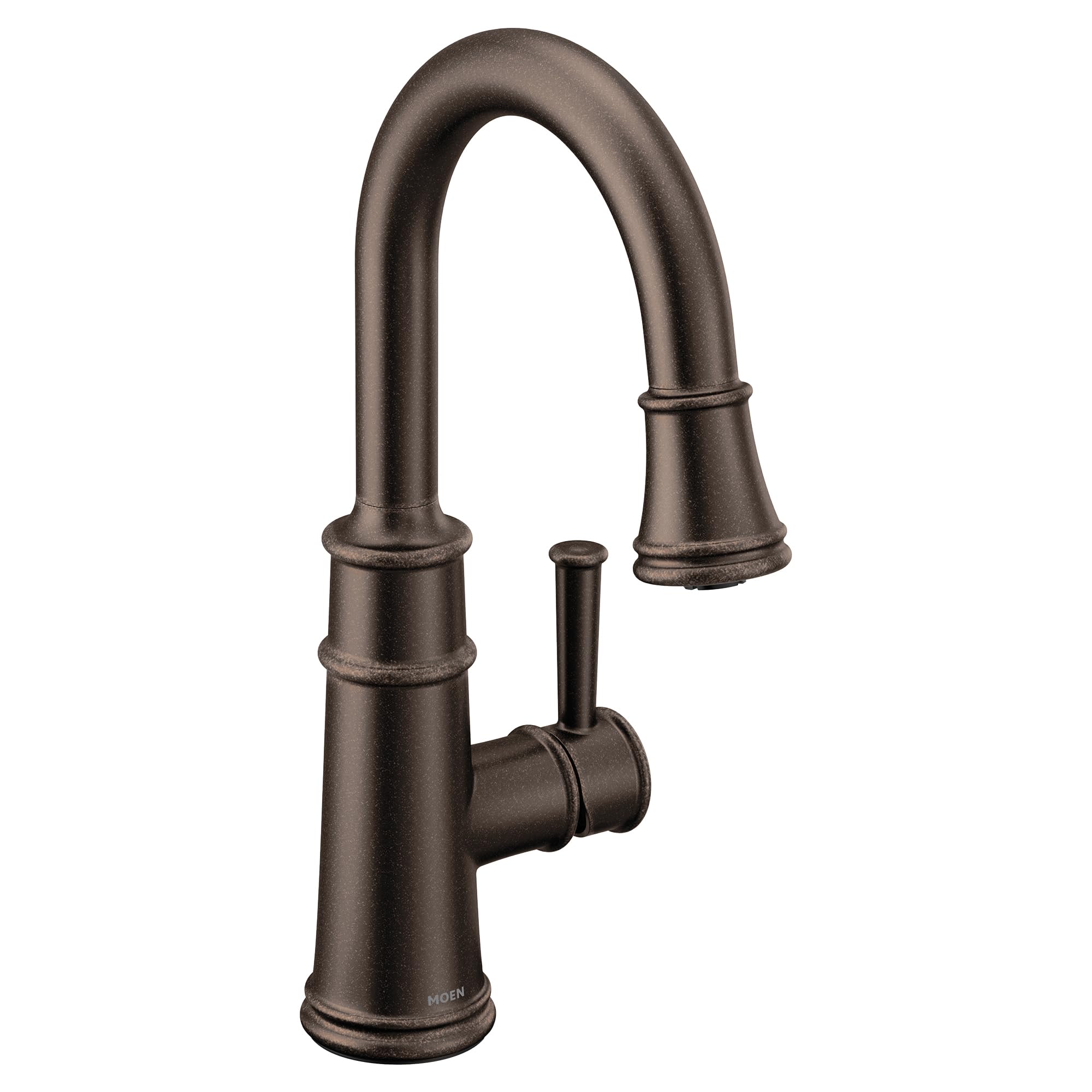 Oil rubbed bronze pulldown kitchen faucet with curved spout and single lever handle.