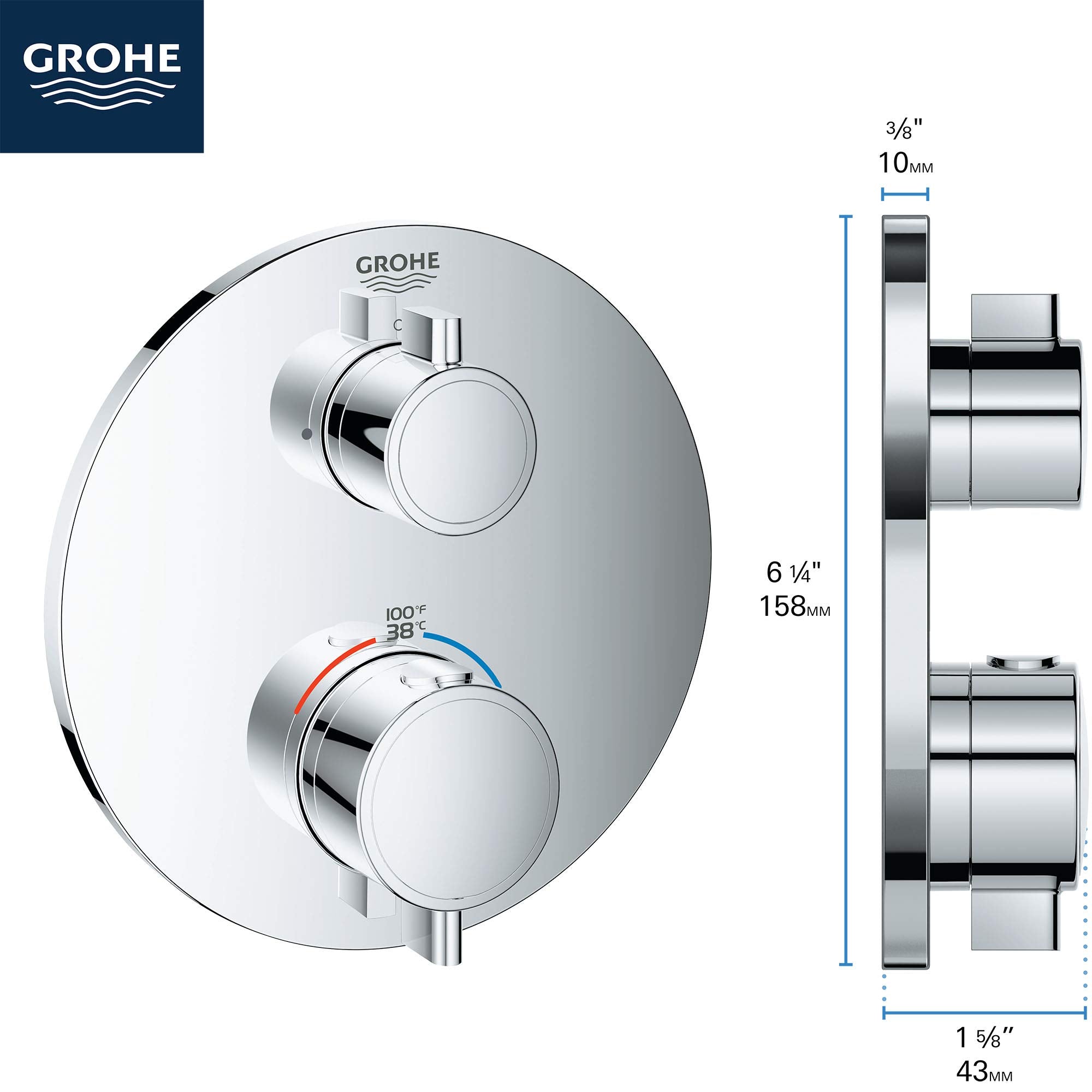 Grohe thermostatic valve trim with circular brushed nickel plate and two round handles, front and side views shown with dimen