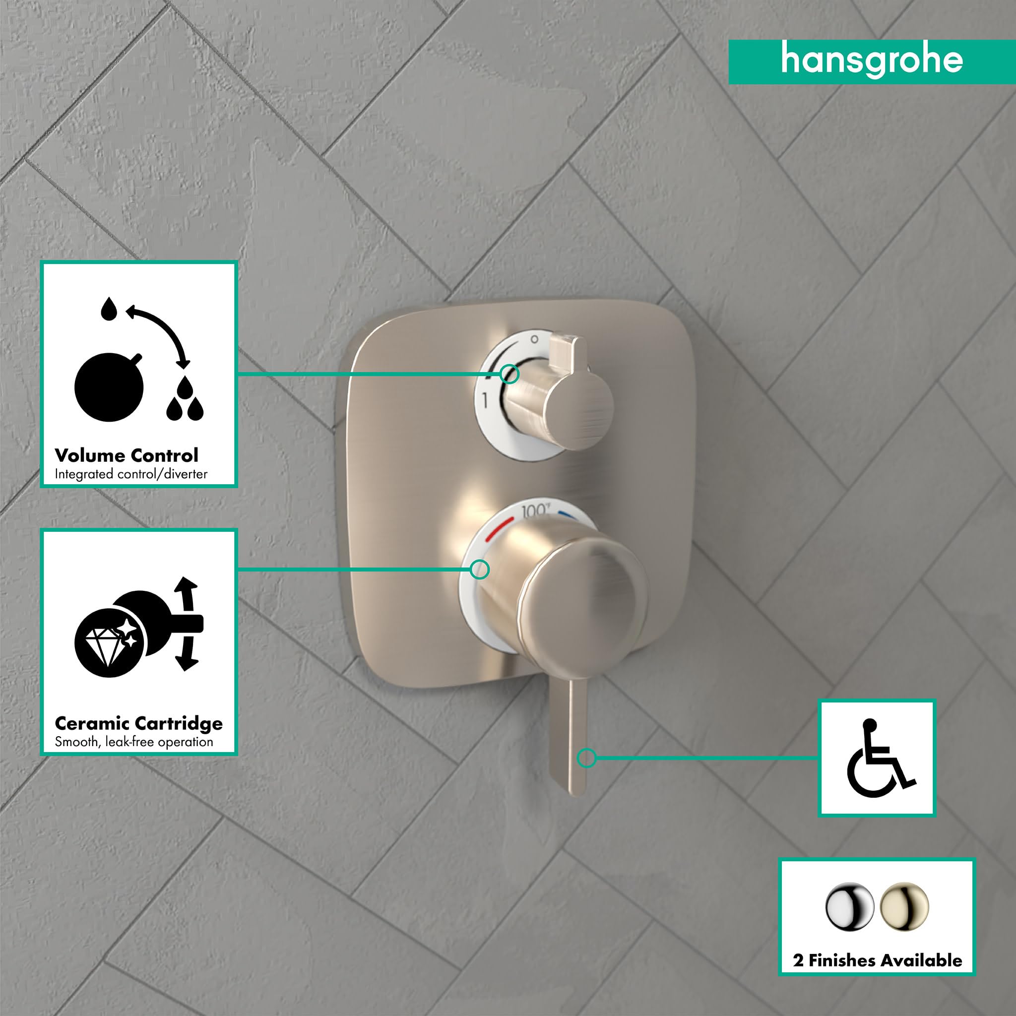 Brushed nickel thermostatic shower trim with upper volume control knob and lower temperature dial mounted on tile wall.