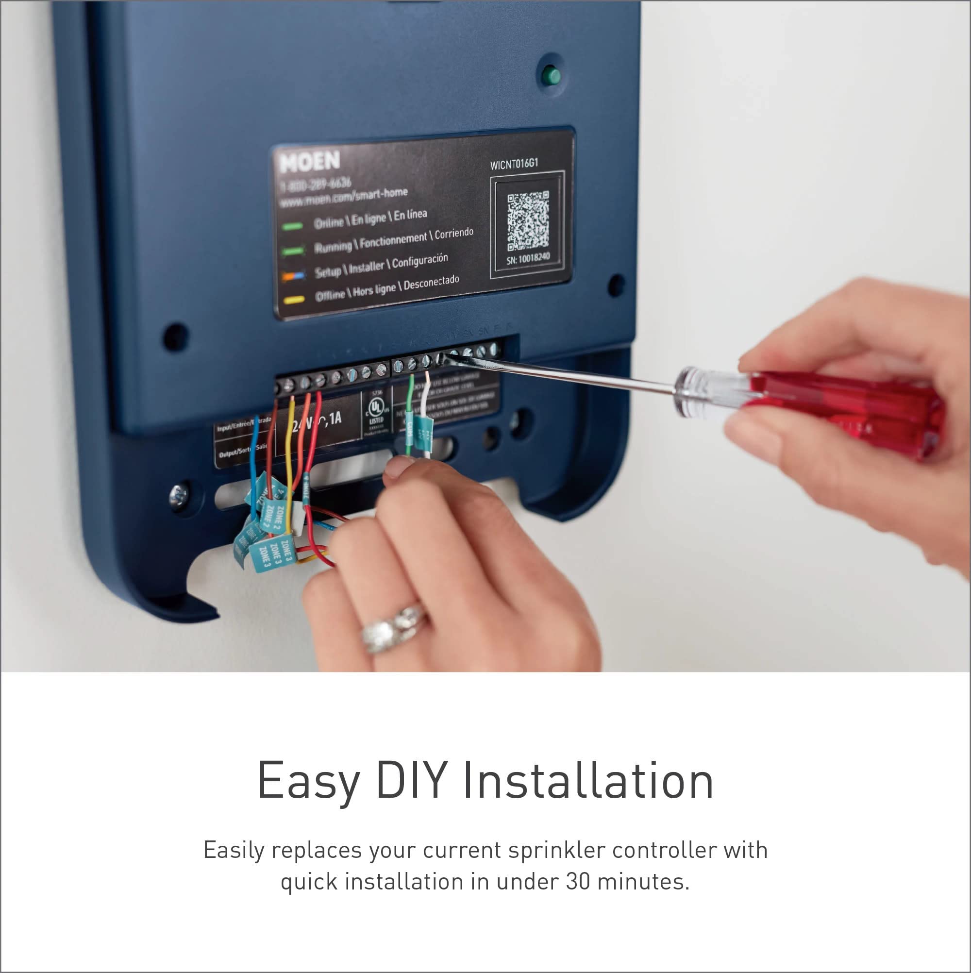 Moen 16 Zone Smart Sprinkler Controller Wi Fi Connectible Smart Irrigation System with Automatic Water Timer in Blue - WICNT016G1USA
