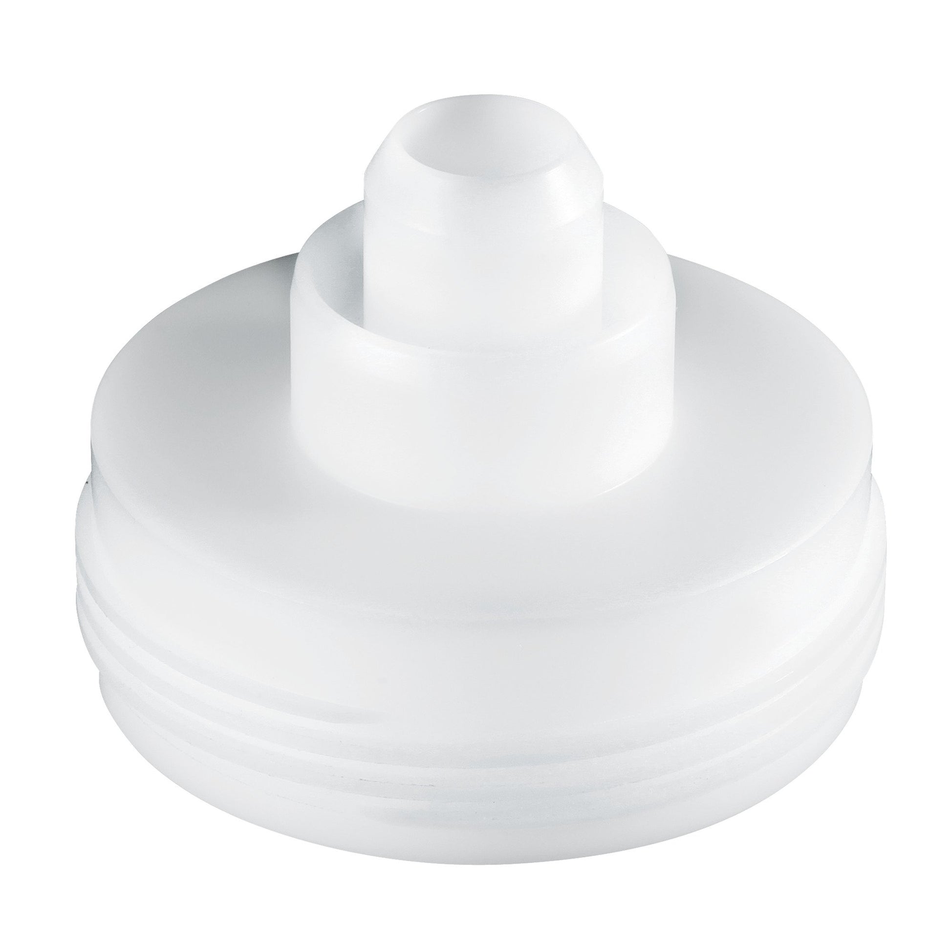White plastic cleaning cartridge adapter with threaded base and central connector post for Grohe Blue systems.