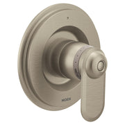 Brushed nickel shower valve handle with round escutcheon plate and lever control.