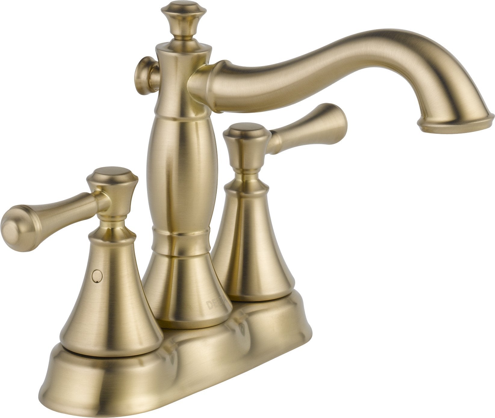 Champagne bronze two-handle bathroom faucet with curved spout and lever handles on shared base.