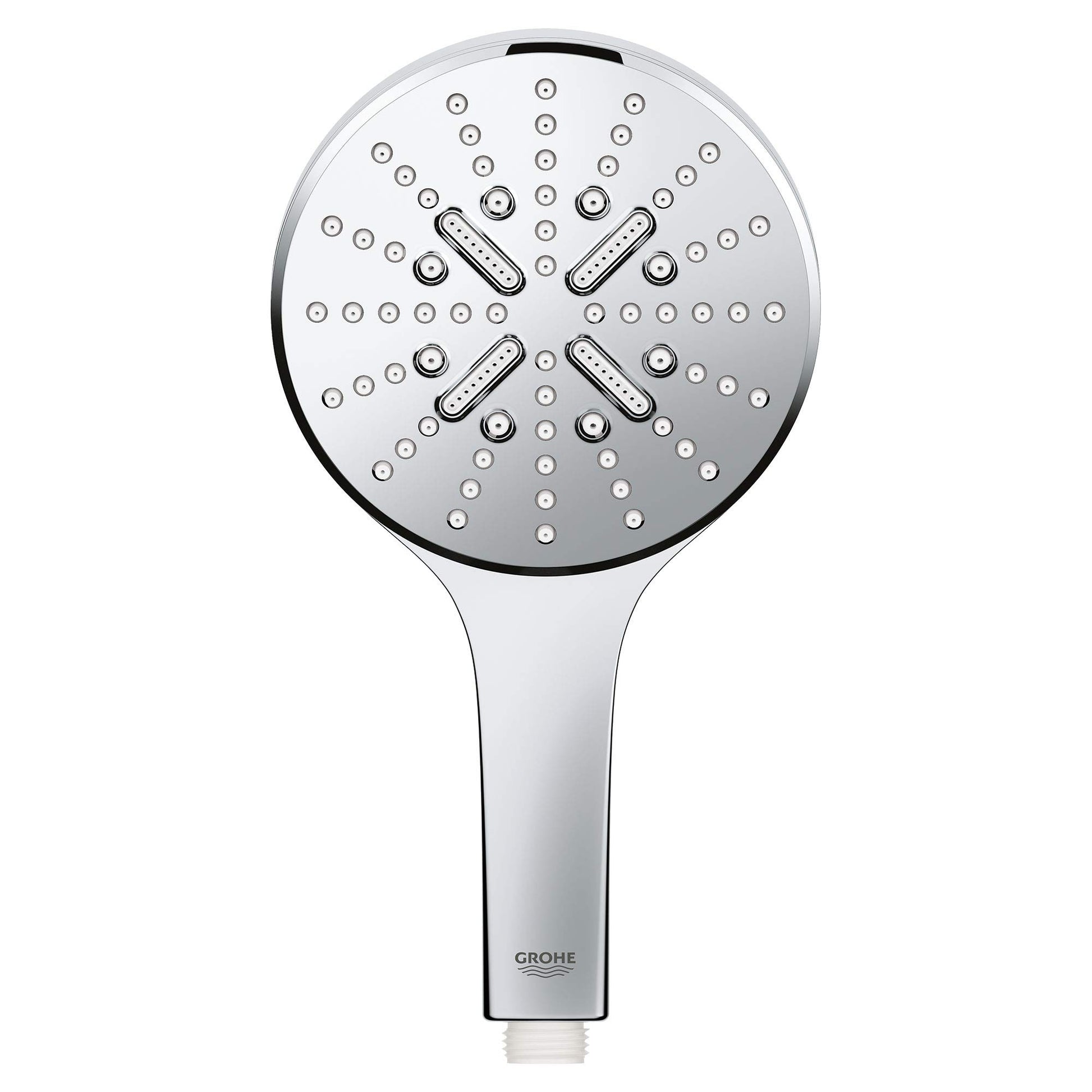 Chrome hand shower with circular head featuring multiple spray jets and rectangular spray zones arranged in cross pattern.