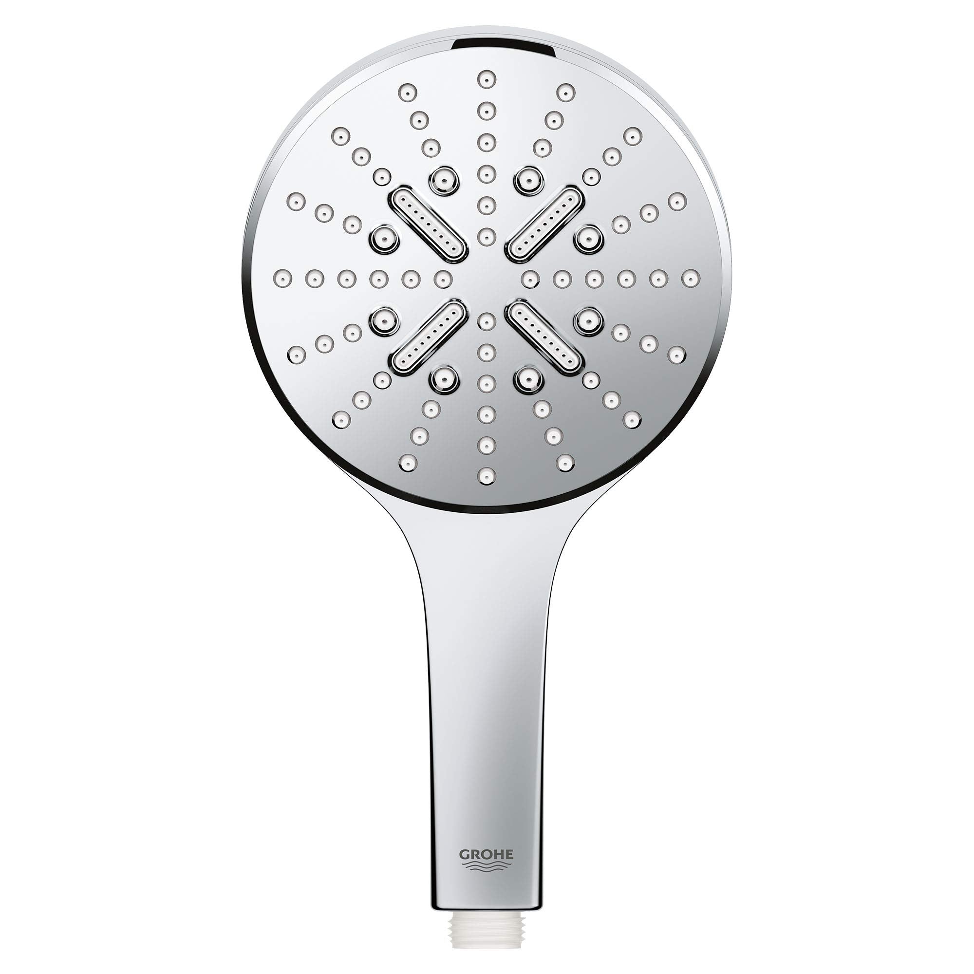 Chrome hand shower with circular head featuring multiple spray jets and rectangular spray zones arranged in cross pattern.
