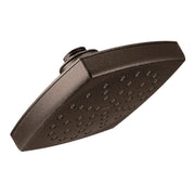 Oil rubbed bronze square rainshowerhead with multiple spray ports and connection fitting.