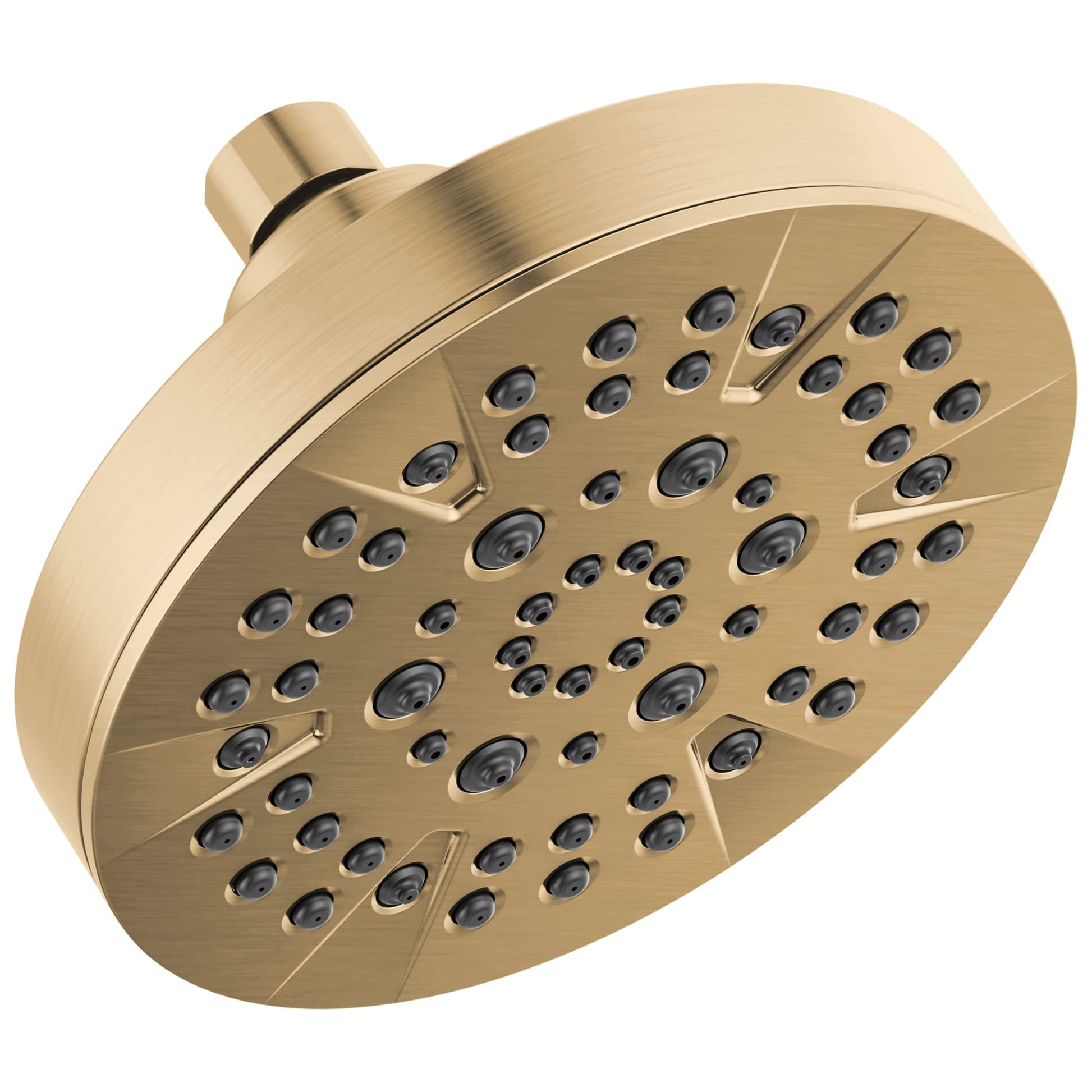 Champagne bronze shower head with multiple spray nozzles and curved arm connector.