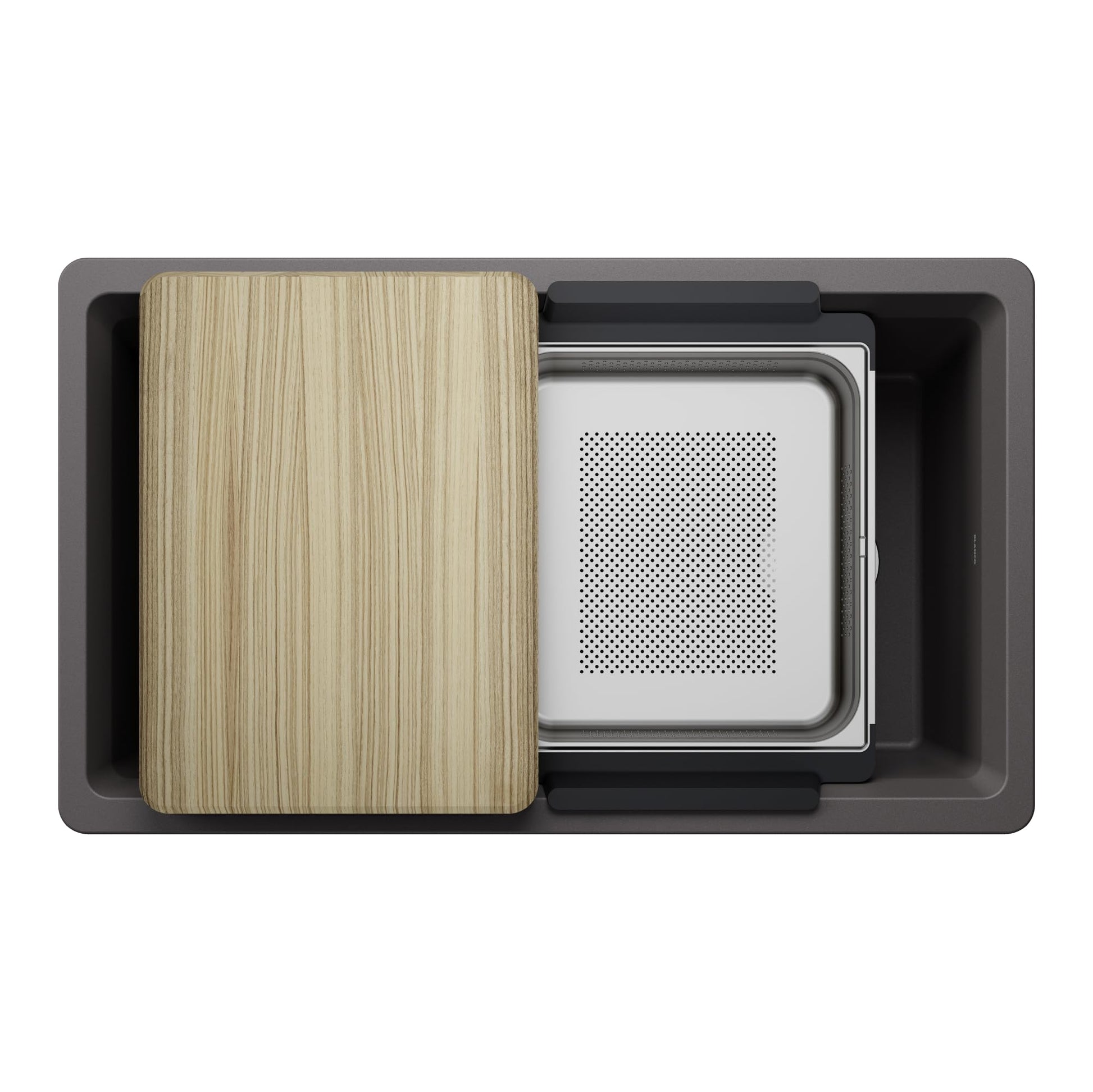 Cinder-colored kitchen sink with integrated wooden cutting board and stainless steel colander insert, viewed from above.