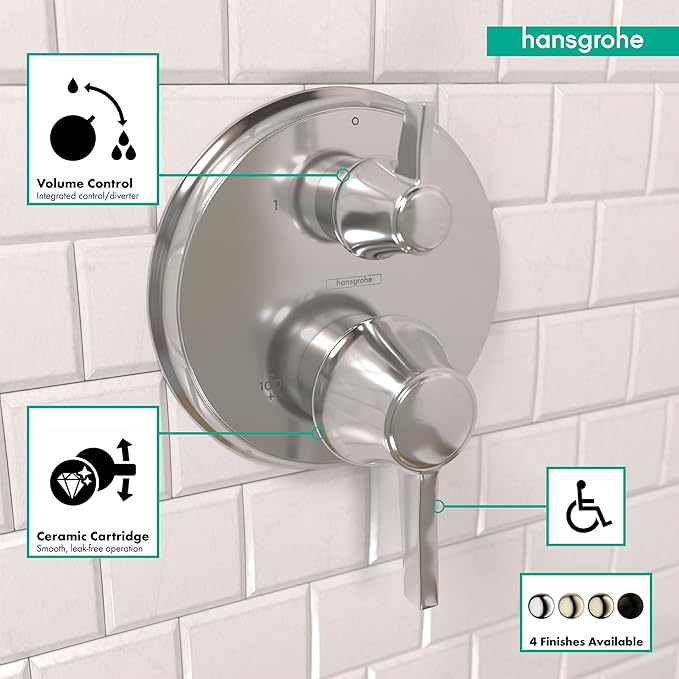 Round chrome thermostatic shower trim with two control handles mounted on white subway tile.