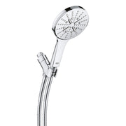 Chrome hand shower with large round perforated head, white handle, and flexible hose with connector bracket.