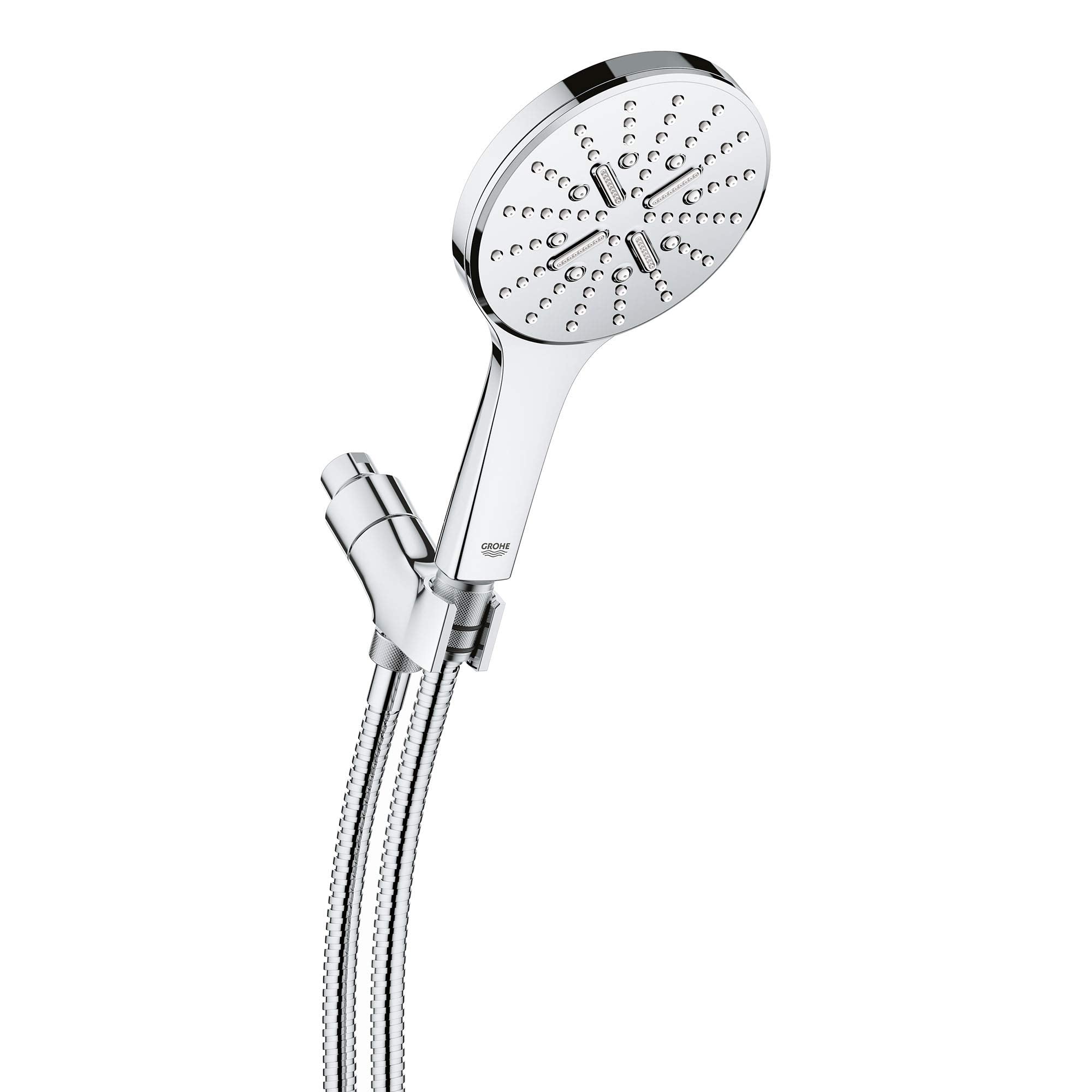Chrome hand shower with large round perforated head, white handle, and flexible hose with connector bracket.