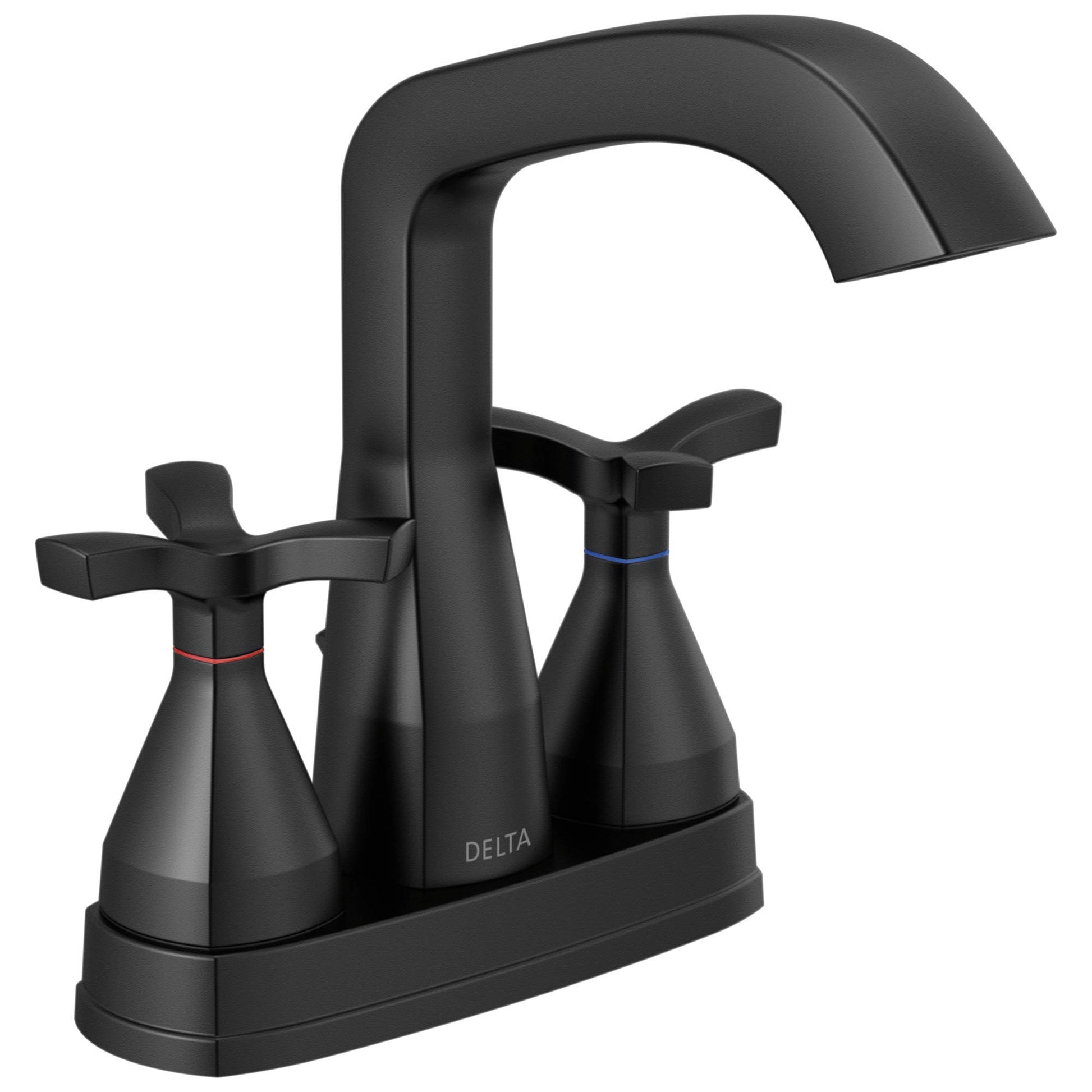 Matte black centerset faucet with curved spout, cross handles, and rectangular base.