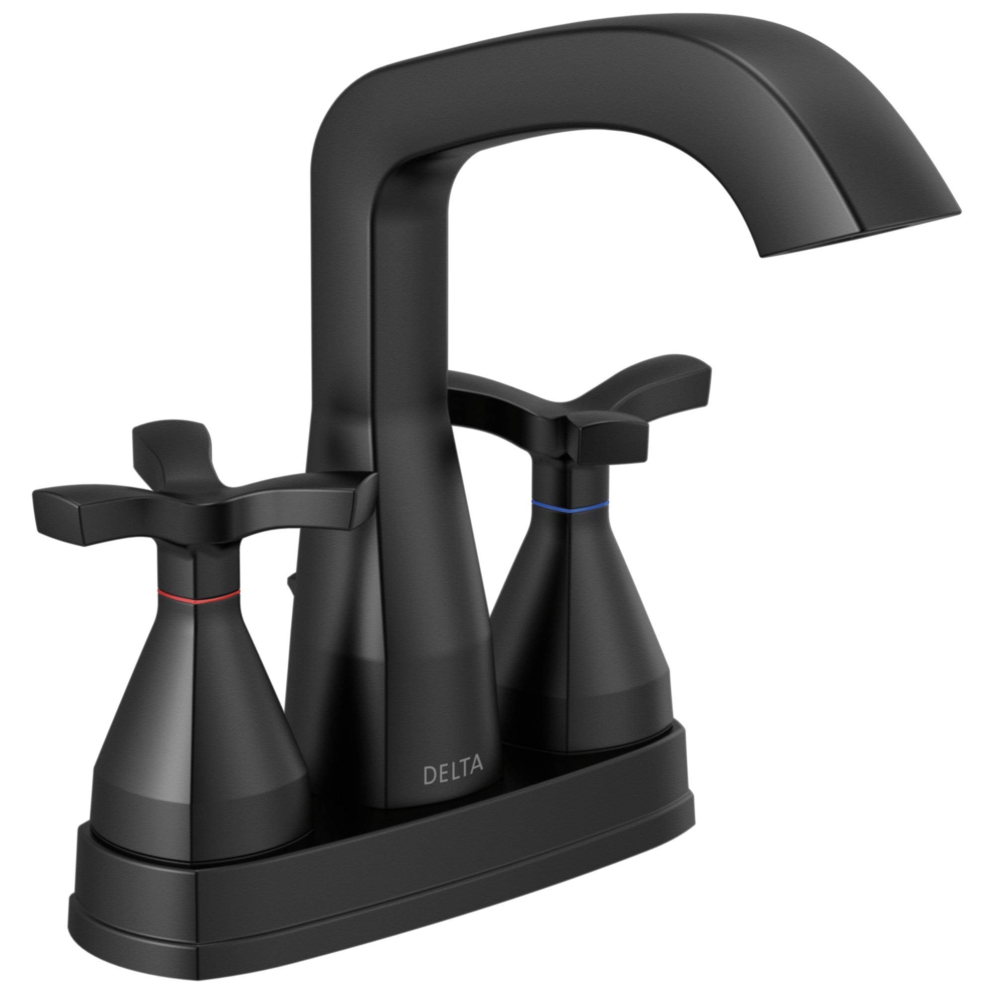 Matte black centerset faucet with curved spout, cross handles, and rectangular base.
