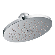 Chrome rainshower showerhead with oval face and multiple spray holes, mounted on cylindrical arm.