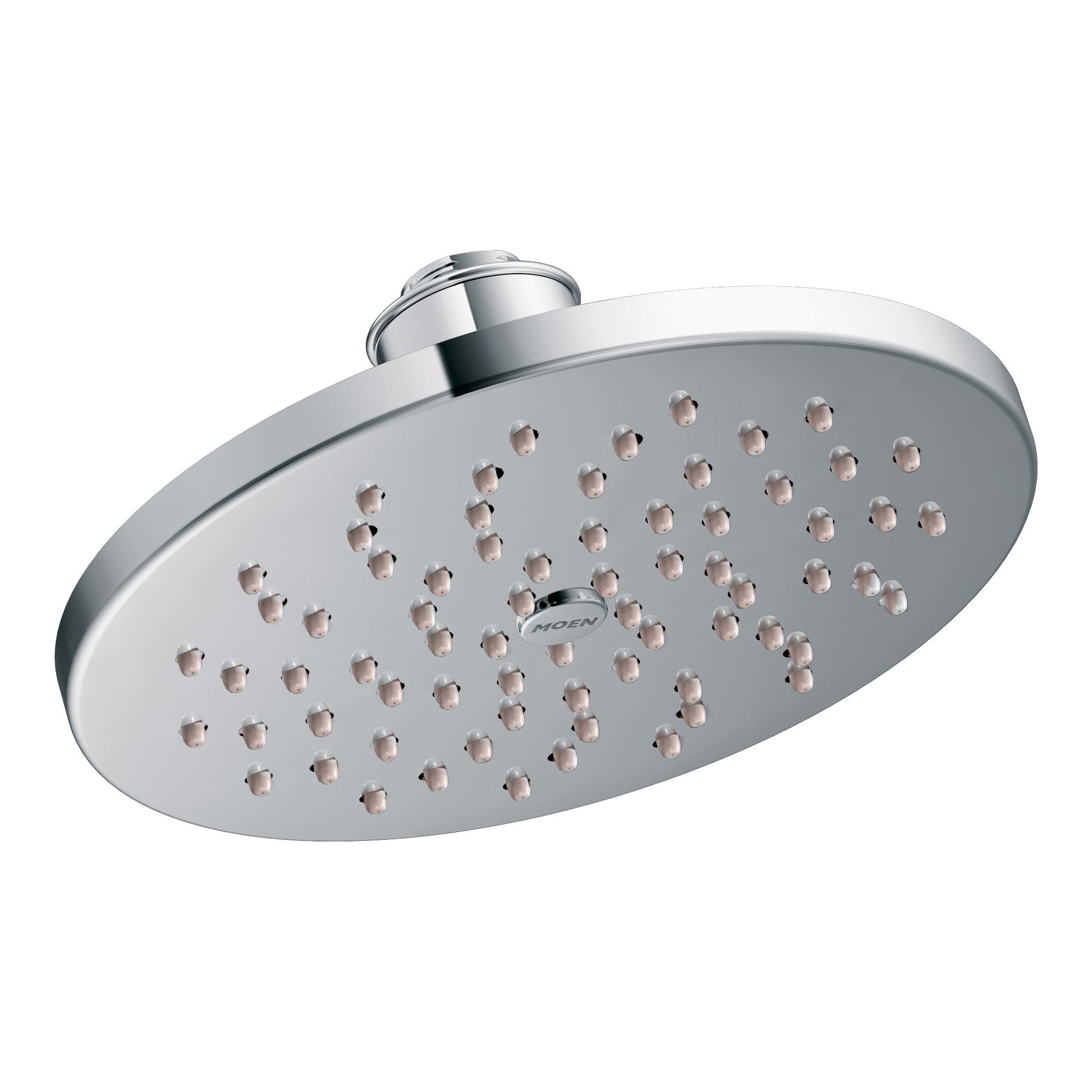 Chrome rainshower showerhead with oval face and multiple spray holes, mounted on cylindrical arm.