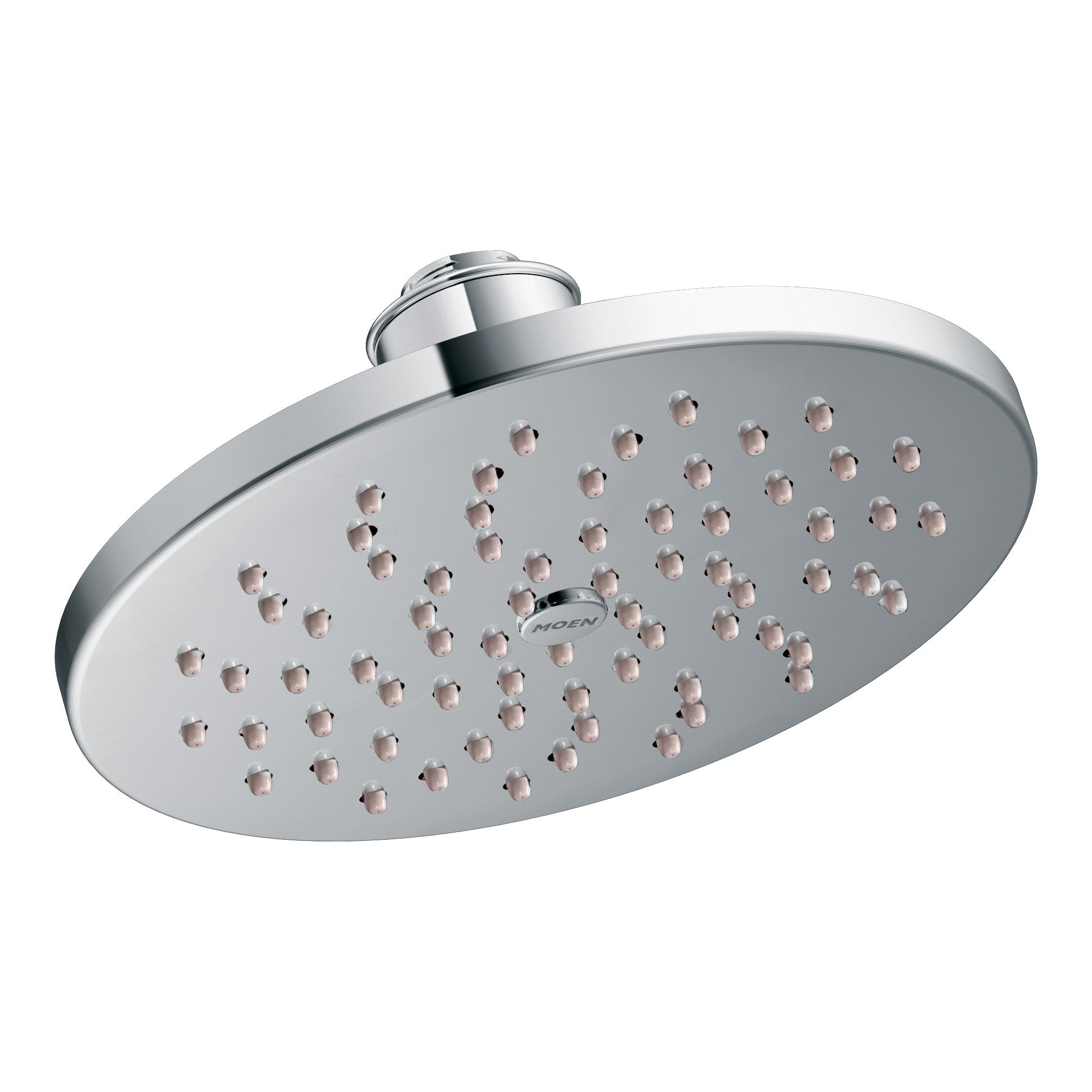 Chrome rainshower showerhead with oval face and multiple spray holes, mounted on cylindrical arm.