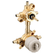 Brass transfer valve with PEX connections, central control stem, and white cartridge body below.