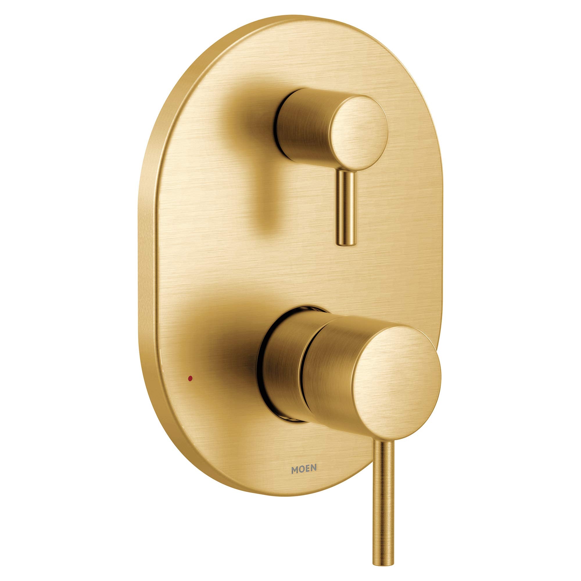 Brushed gold oval shower valve trim with two circular handles and diverter control on oval backplate.