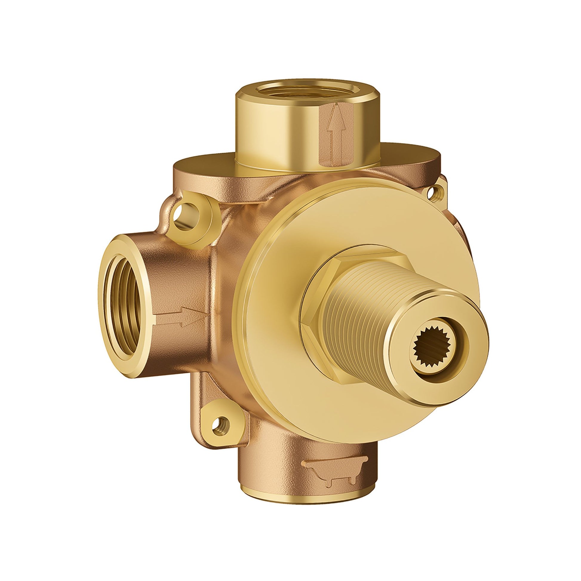 Brass 3-way diverter rough-in valve with threaded ports and adjustment cartridge, shown from front angle.