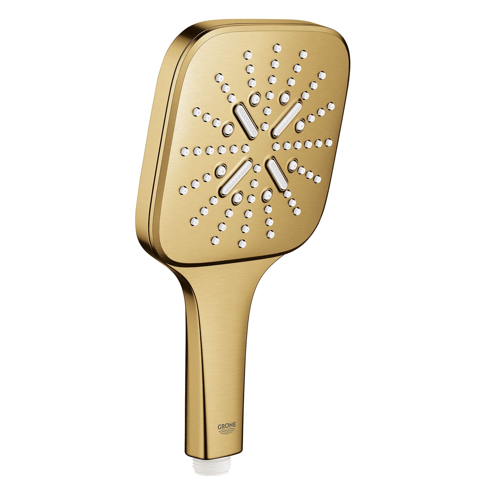 Grohe Rainshower hand shower with square head, multiple spray holes, and brushed gold finish against white background.