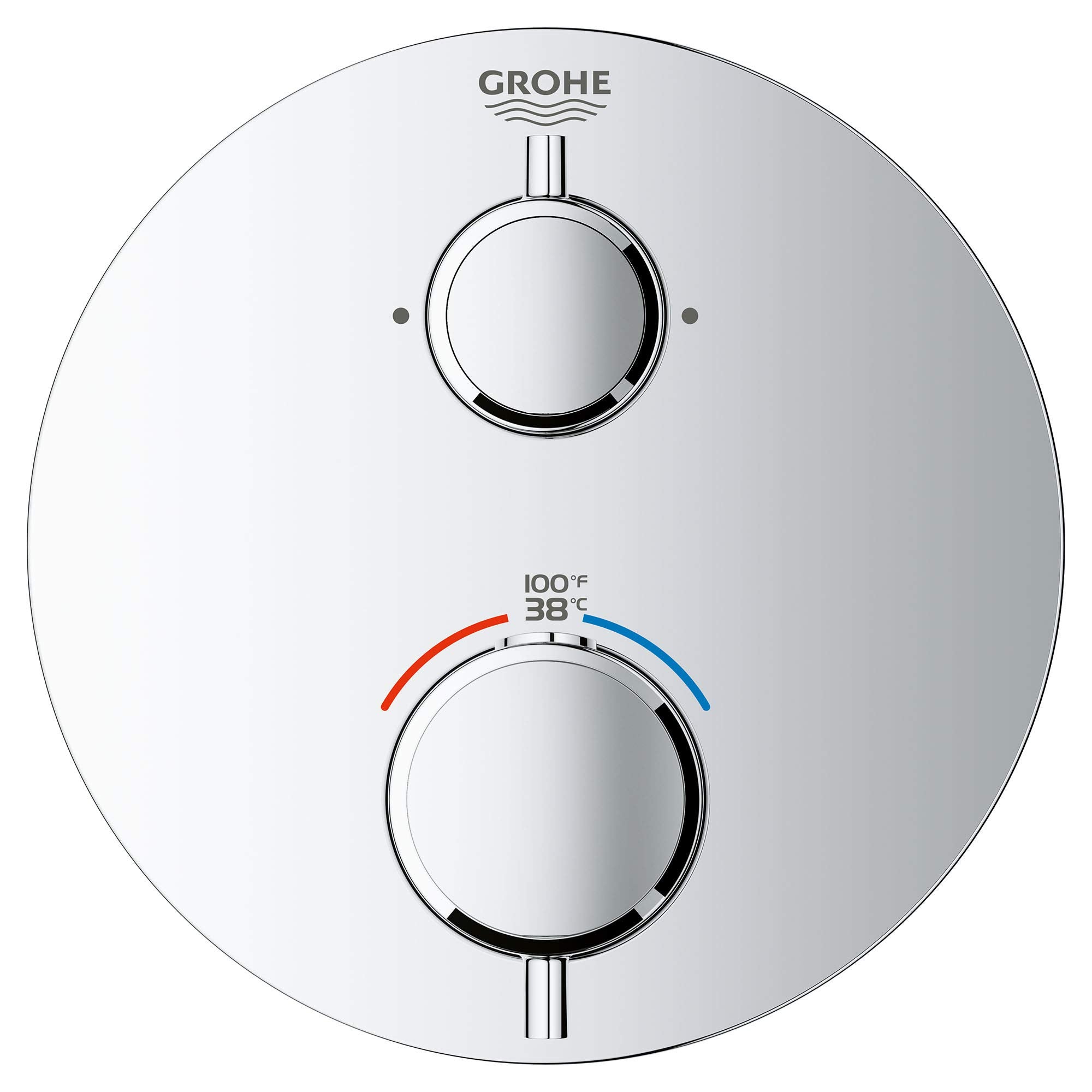Grohe chrome thermostatic valve trim with two circular handles and temperature dial showing red and blue indicators.