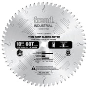 10" circular saw blade with 60 teeth, silver finish, labeled Freud Industrial thin kerf sliding miter blade with specificatio