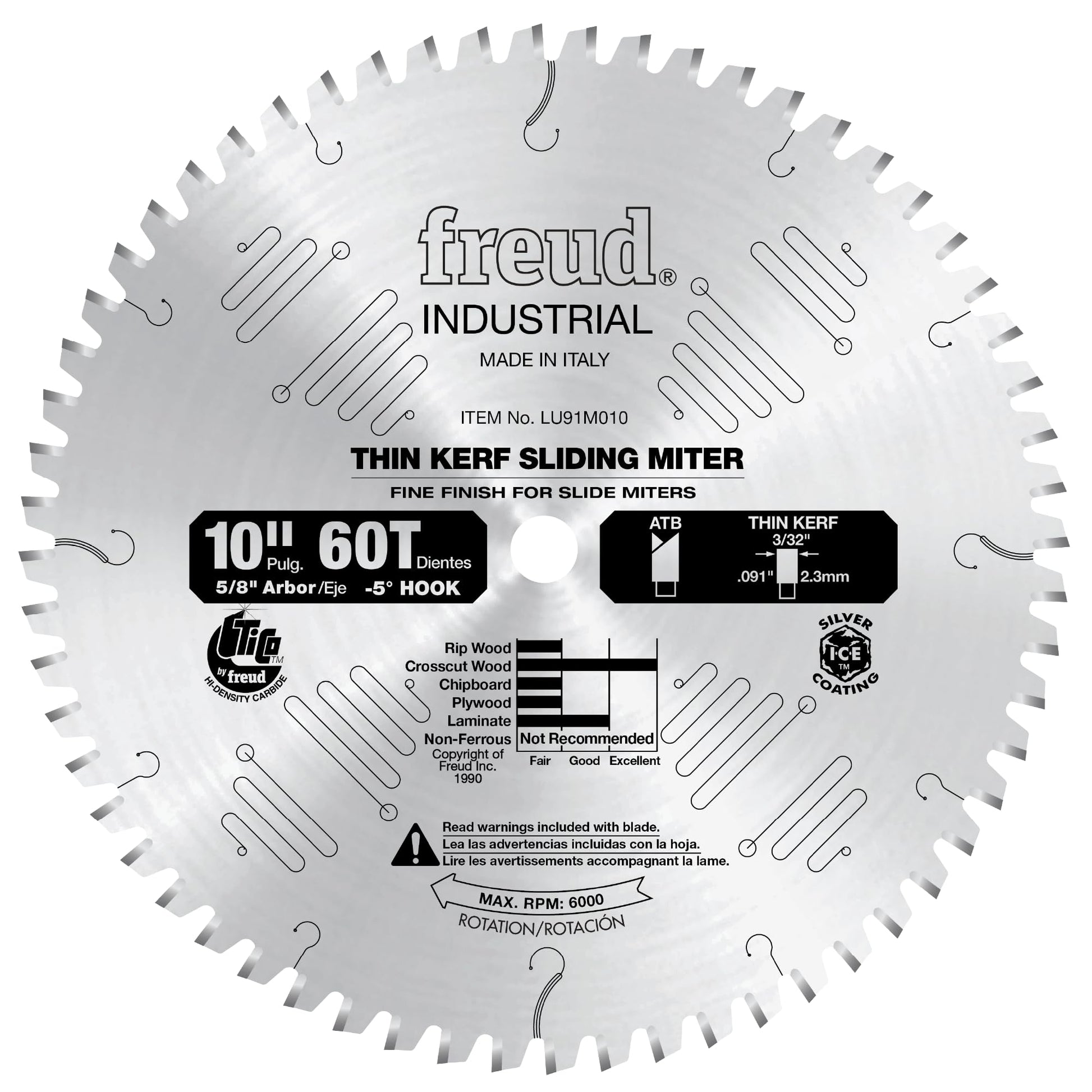 10" circular saw blade with 60 teeth, silver finish, labeled Freud Industrial thin kerf sliding miter blade with specificatio
