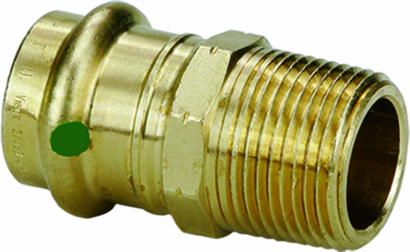 Bronze ProPress adapter with 1-inch press connection on left and male threads on right.