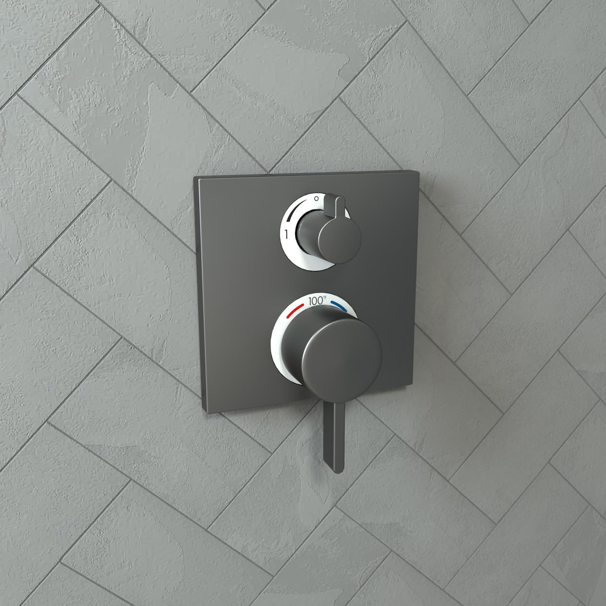 Brushed black chrome thermostatic shower trim with two circular control handles mounted on square backplate against herringbo