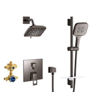 Dark graphite shower set with square overhead showerhead, handheld showerhead, wall-mounted trim plate, and brass valve compo