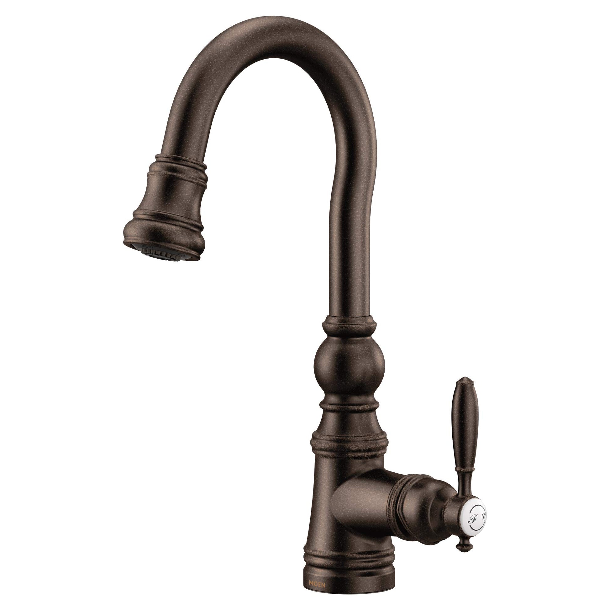 Oil rubbed bronze pulldown kitchen faucet with curved spout, decorative base, and single lever handle.