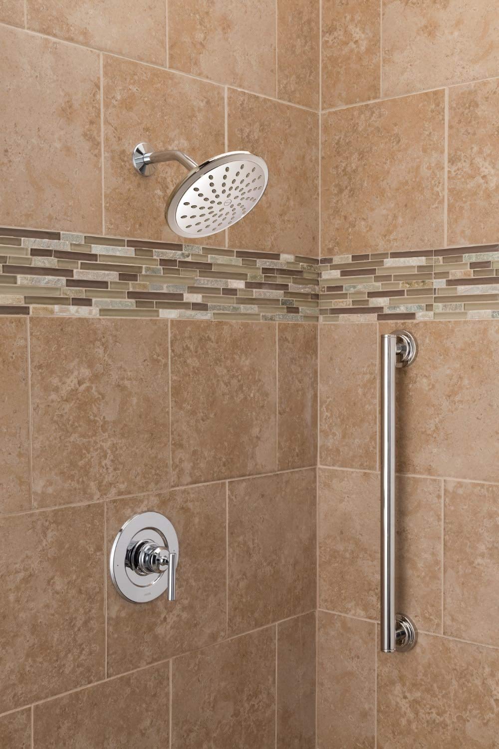 Brushed nickel shower trim kit with round rain showerhead, control valve, and vertical grab bar mounted on tile wall.