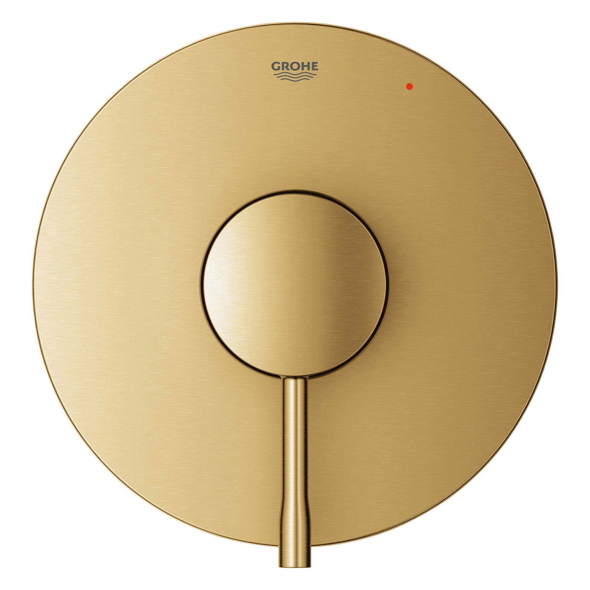 Grohe Essence brushed gold circular valve trim with single lever handle and red temperature indicator dot.
