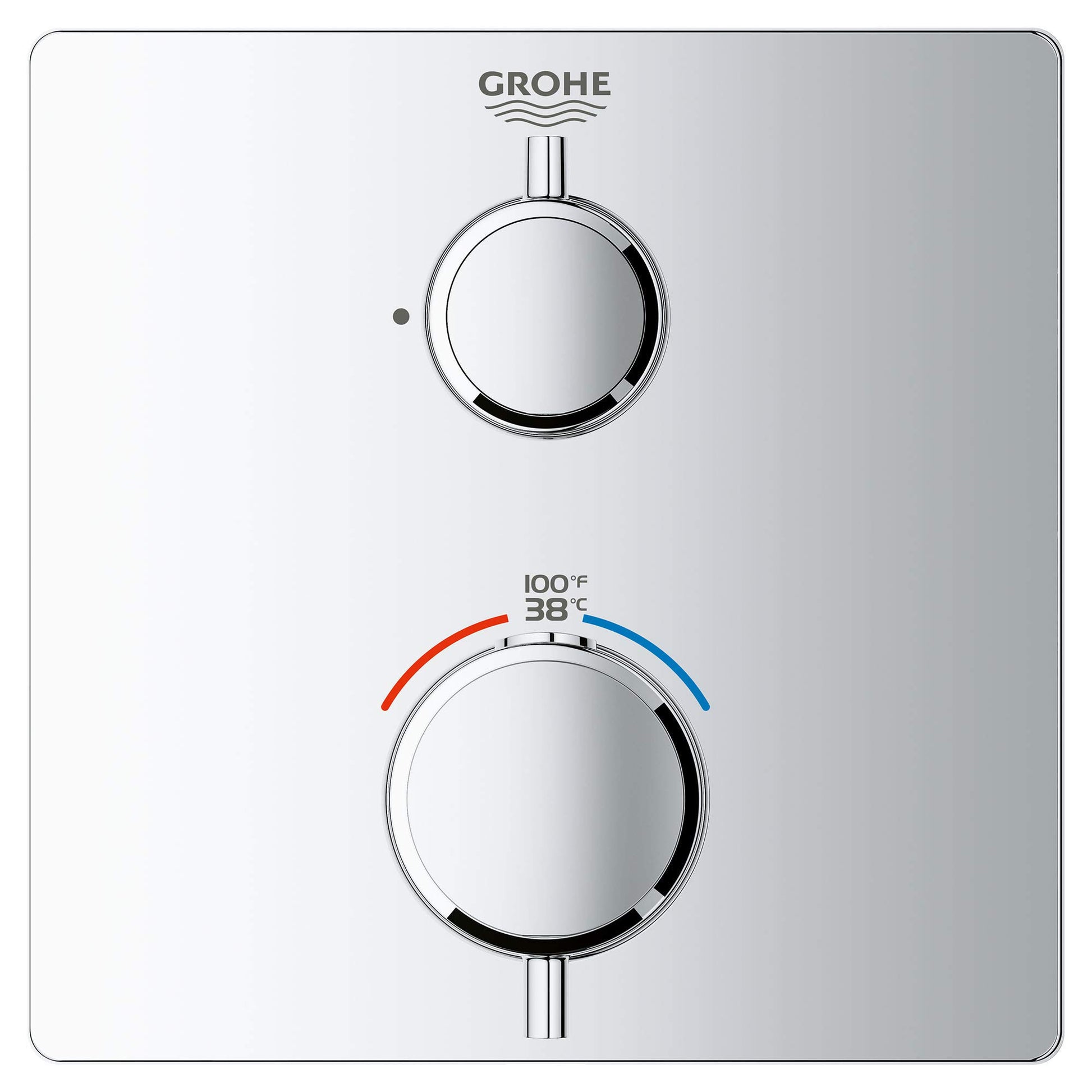 Grohe chrome thermostatic valve trim with two circular handles and temperature scale marked 38°C to 100°F.