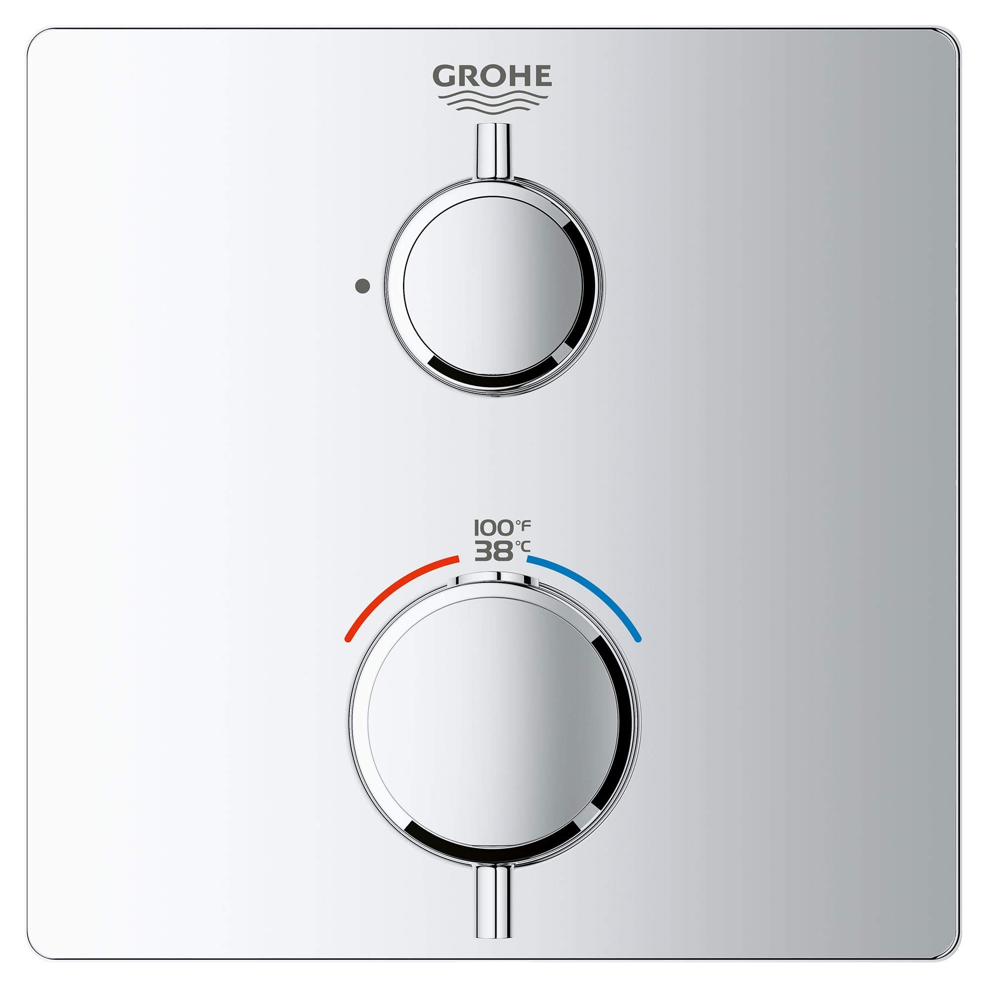 Grohe chrome thermostatic valve trim with two circular handles and temperature scale marked 38°C to 100°F.