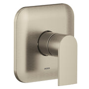 Brushed nickel single-handle shower trim with rectangular escutcheon plate and cylindrical lever handle.