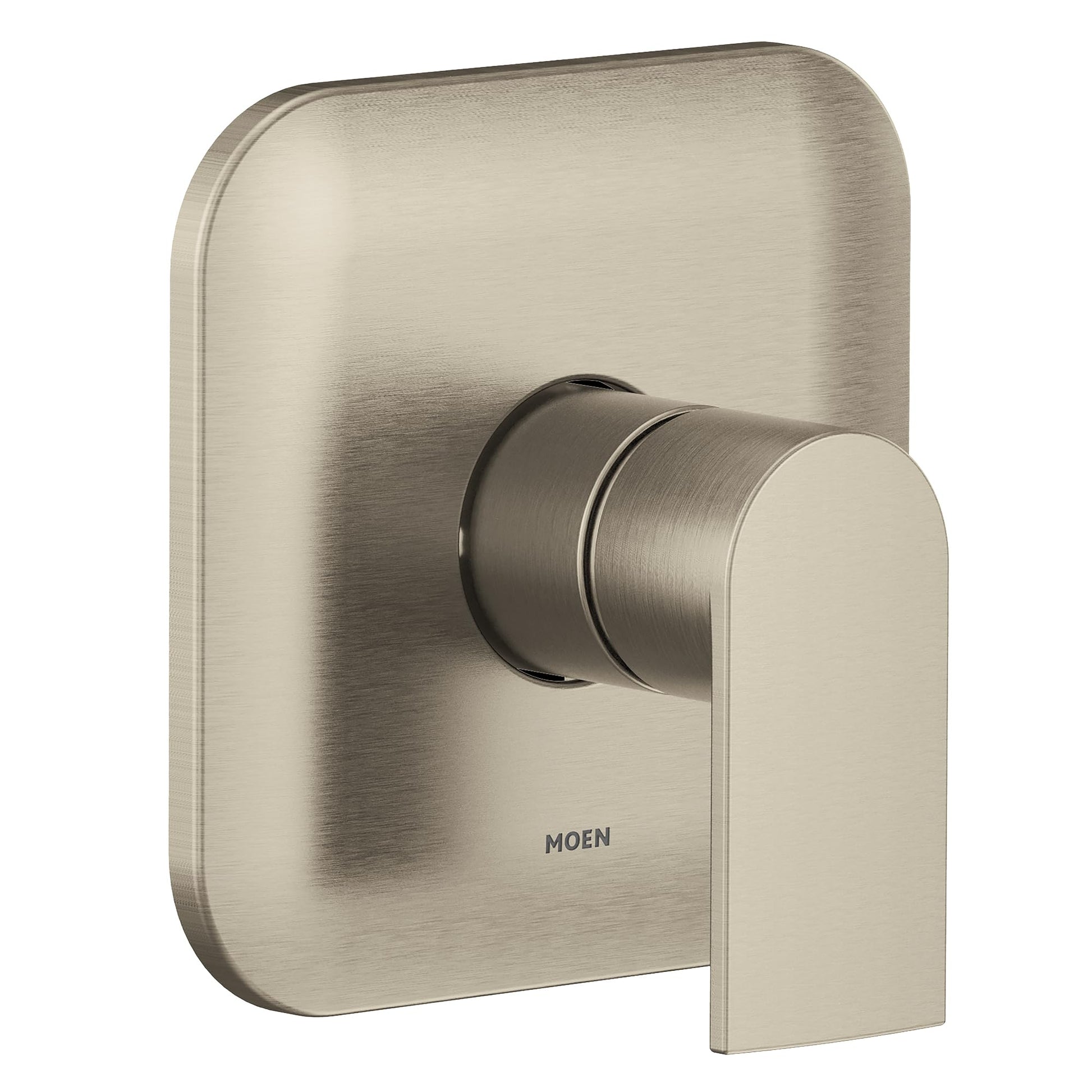 Brushed nickel single-handle shower trim with rectangular escutcheon plate and cylindrical lever handle.