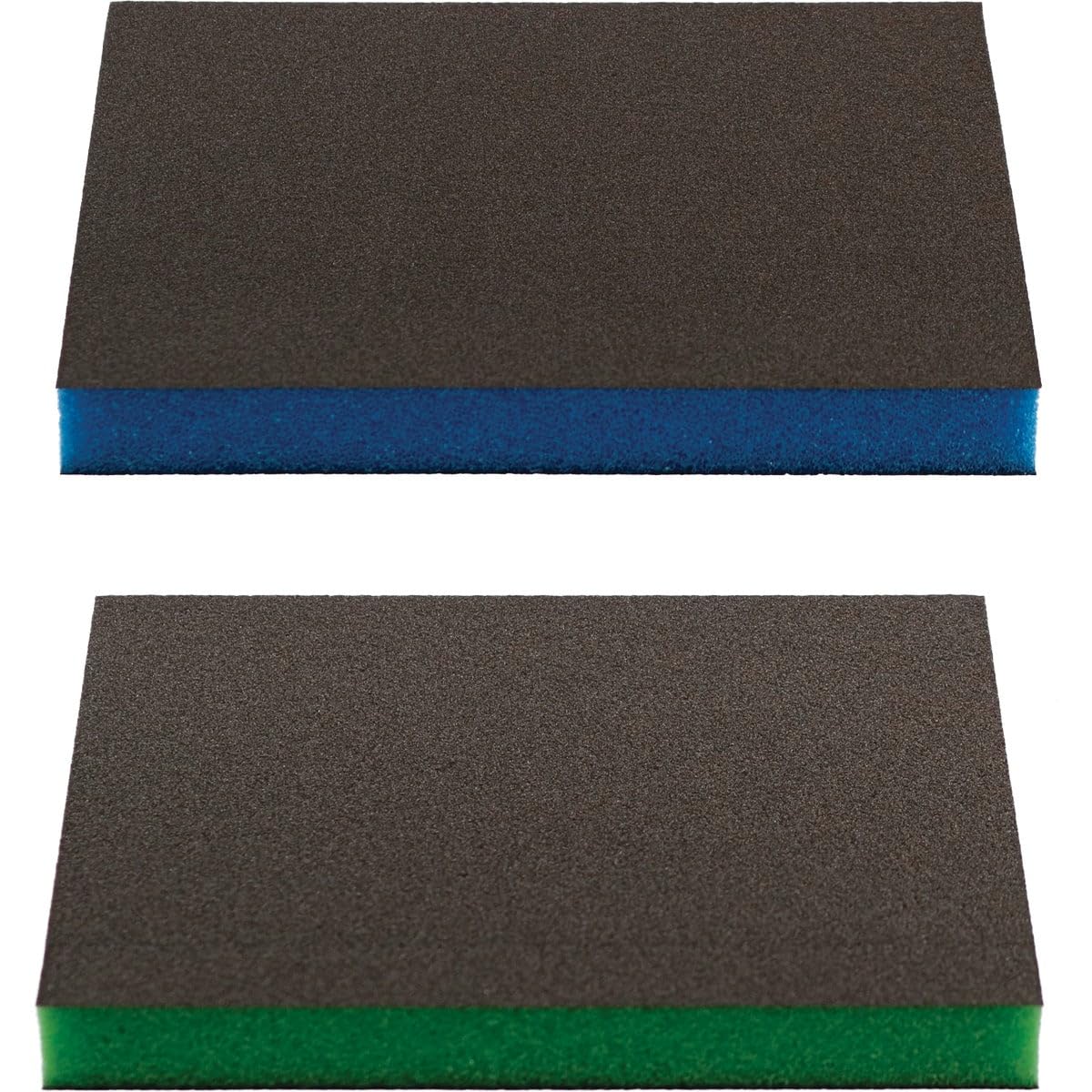 Two rectangular sanding sponges with gray tops and blue and green foam bases.