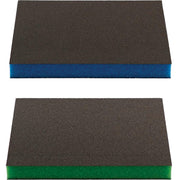 Two rectangular sanding sponges with gray tops and blue and green foam bases.