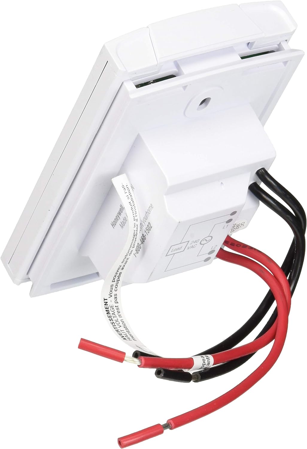 White programmable thermostat with hinged cover, wiring diagram label, and red and black electrical wires attached.