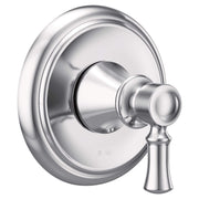 Chrome transfer valve trim kit with round escutcheon plate and single lever handle.