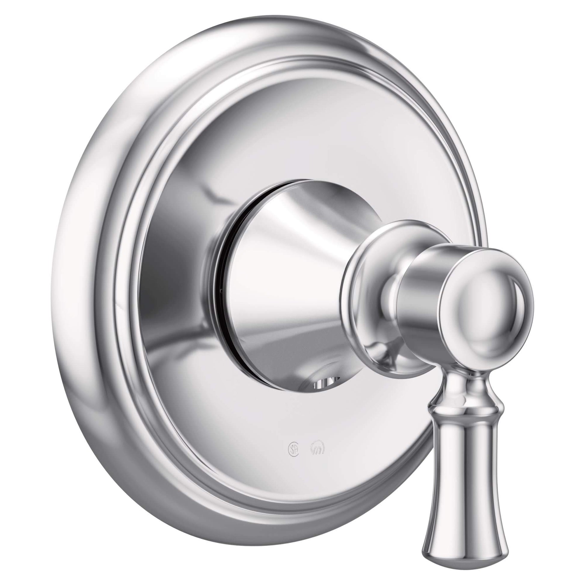 Chrome transfer valve trim kit with round escutcheon plate and single lever handle.