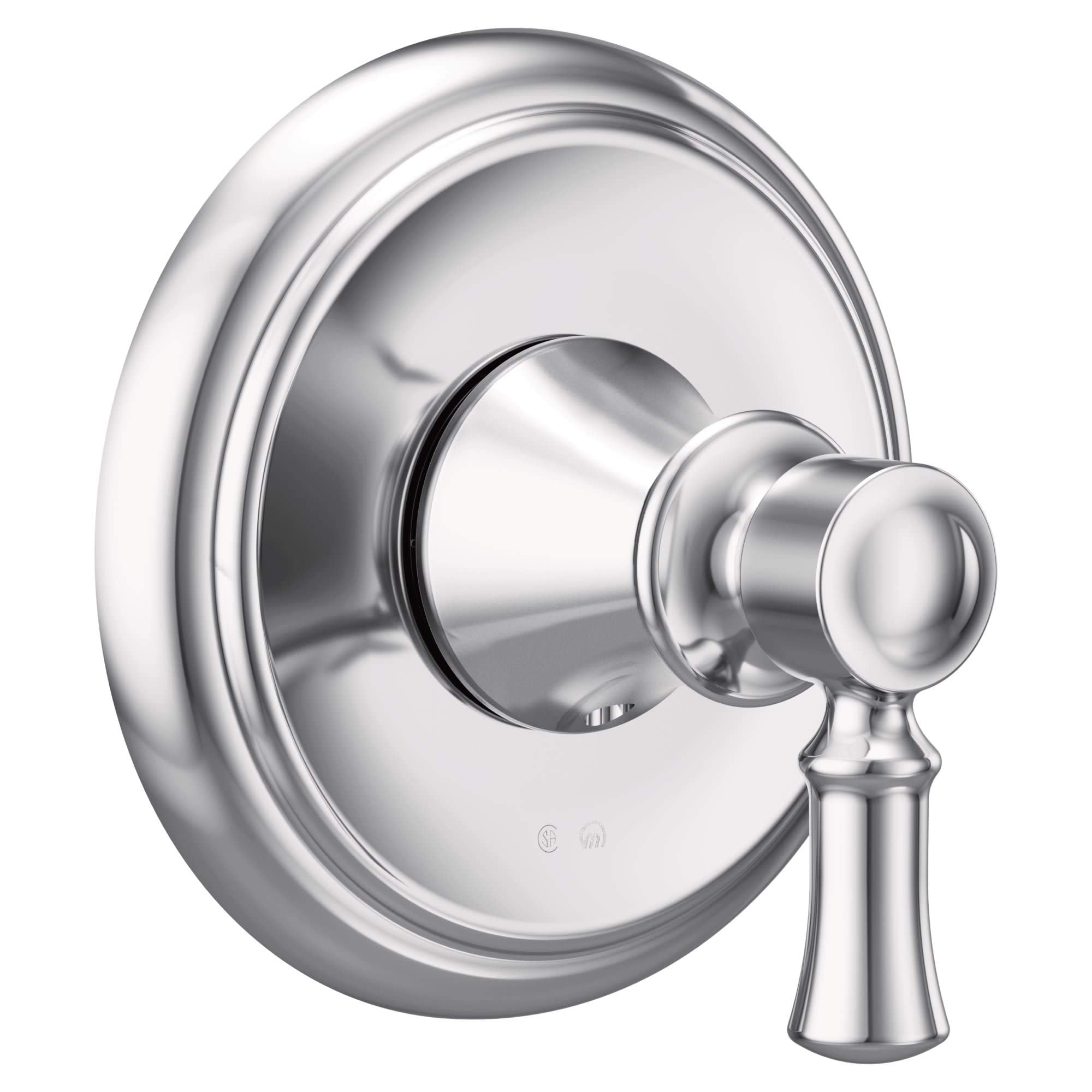 Chrome transfer valve trim kit with round escutcheon plate and single lever handle.