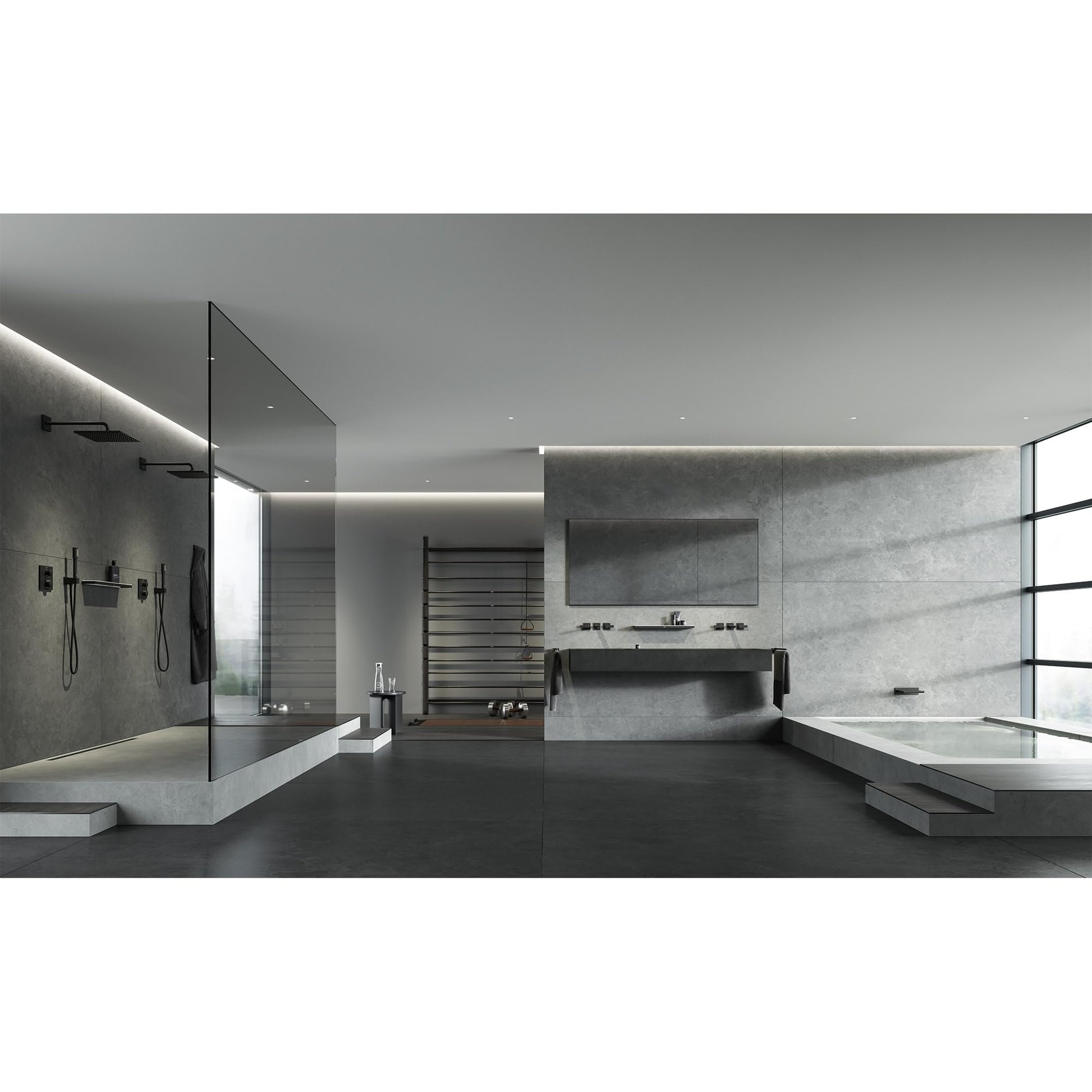 Modern bathroom with chrome wall-mounted faucet visible above the sink vanity.